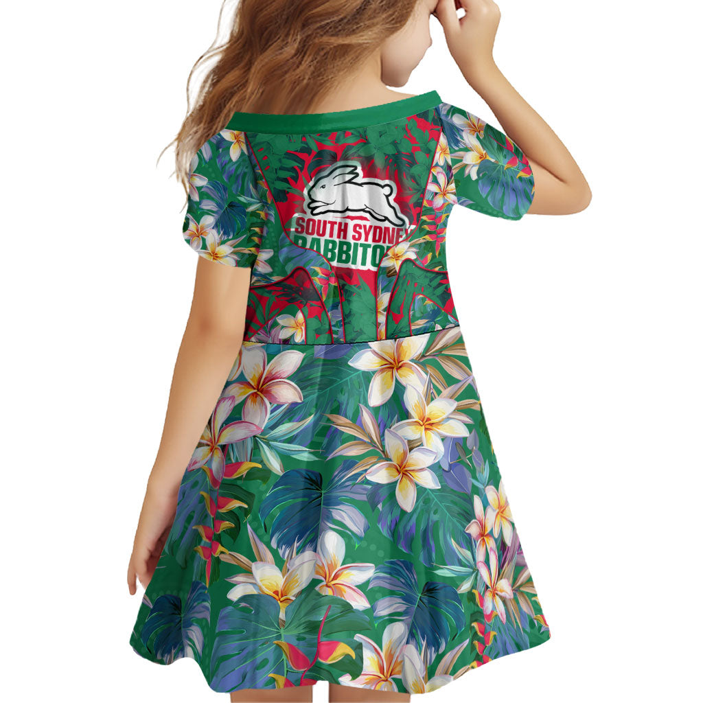 South Sydney Rabbitohs Family Matching Short Sleeve Bodycon Dress and Hawaiian Shirt Tropical Hibiscus Floral Pattern With Green And Red Accents