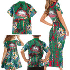 South Sydney Rabbitohs Family Matching Short Sleeve Bodycon Dress and Hawaiian Shirt Tropical Hibiscus Floral Pattern With Green And Red Accents