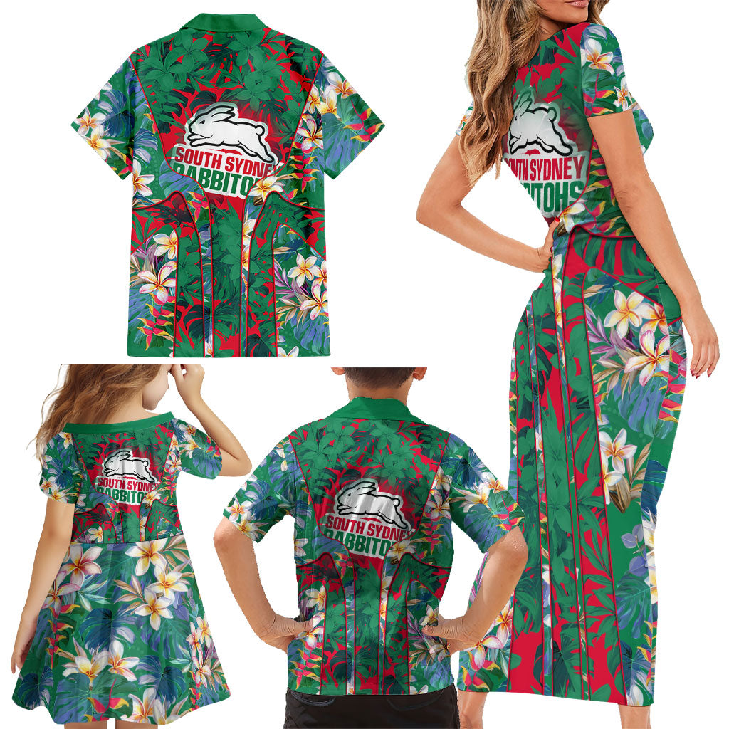 South Sydney Rabbitohs Family Matching Short Sleeve Bodycon Dress and Hawaiian Shirt Tropical Hibiscus Floral Pattern With Green And Red Accents