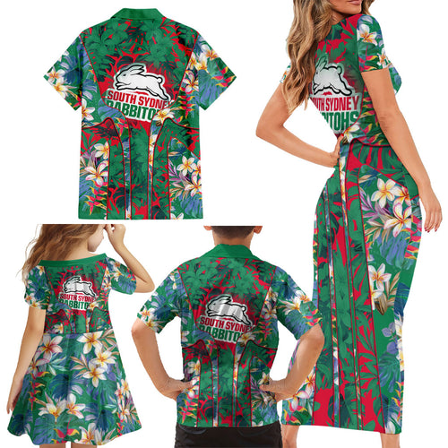 South Sydney Rabbitohs Family Matching Short Sleeve Bodycon Dress and Hawaiian Shirt Tropical Hibiscus Floral Pattern With Green And Red Accents