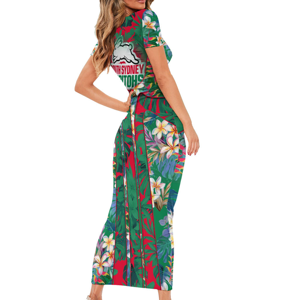 South Sydney Rabbitohs Family Matching Short Sleeve Bodycon Dress and Hawaiian Shirt Tropical Hibiscus Floral Pattern With Green And Red Accents