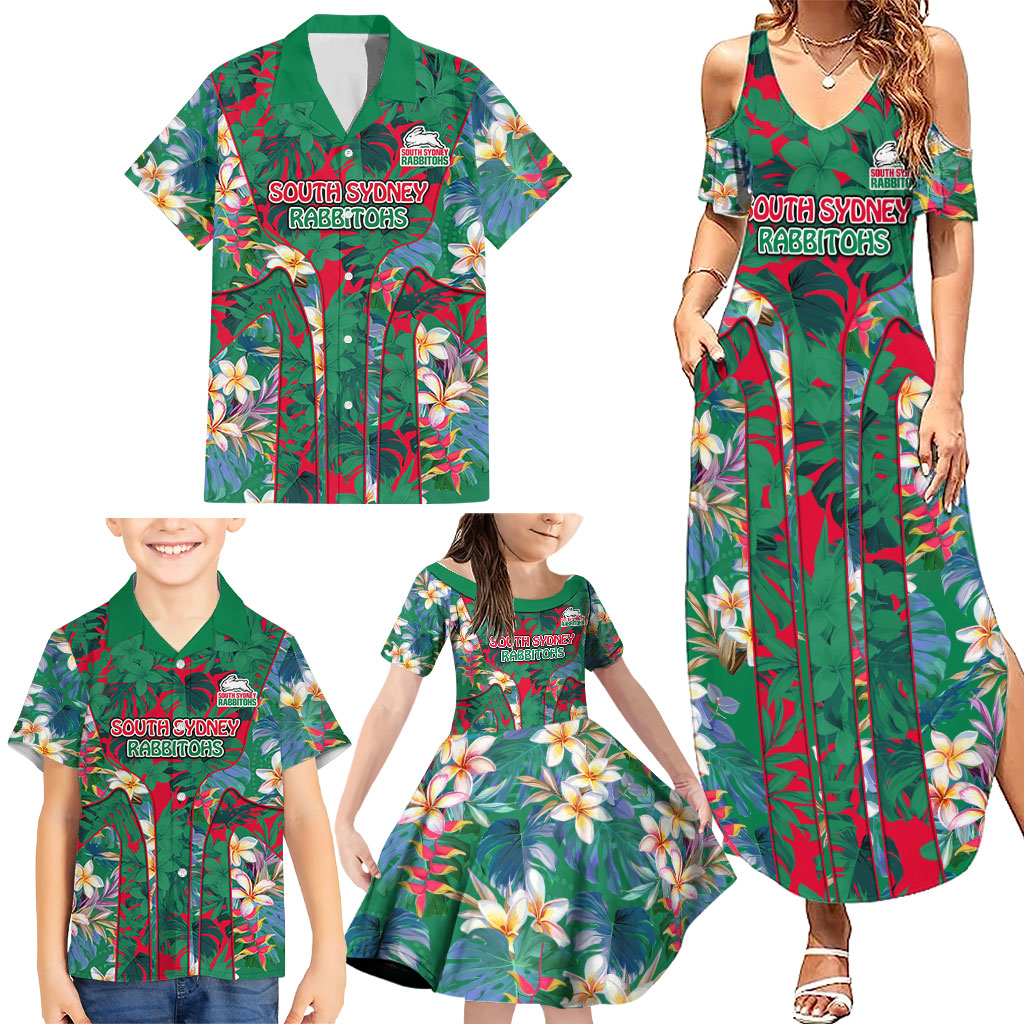 South Sydney Rabbitohs Family Matching Summer Maxi Dress and Hawaiian Shirt Tropical Hibiscus Floral Pattern With Green And Red Accents