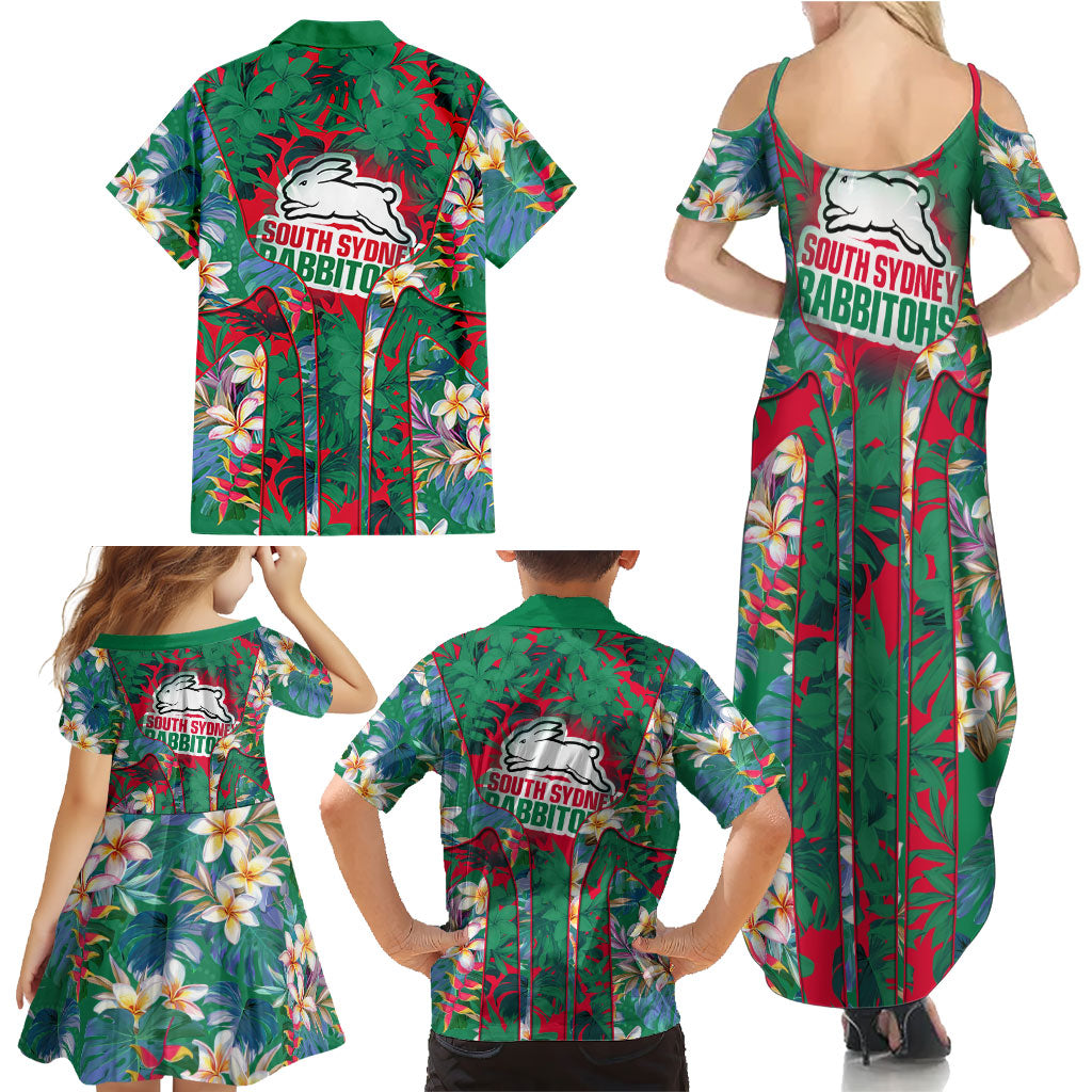 South Sydney Rabbitohs Family Matching Summer Maxi Dress and Hawaiian Shirt Tropical Hibiscus Floral Pattern With Green And Red Accents