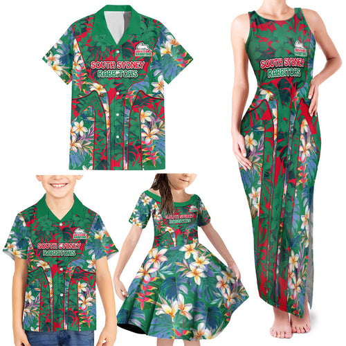 South Sydney Rabbitohs Family Matching Tank Maxi Dress and Hawaiian Shirt Tropical Hibiscus Floral Pattern With Green And Red Accents