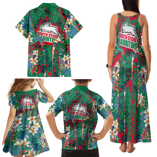 South Sydney Rabbitohs Family Matching Tank Maxi Dress and Hawaiian Shirt Tropical Hibiscus Floral Pattern With Green And Red Accents