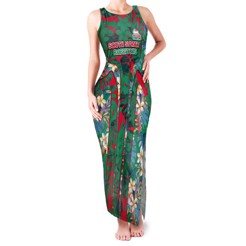 South Sydney Rabbitohs Family Matching Tank Maxi Dress and Hawaiian Shirt Tropical Hibiscus Floral Pattern With Green And Red Accents