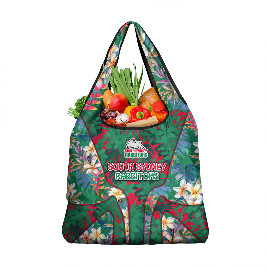 South Sydney Rabbitohs Grocery Bag Tropical Hibiscus Floral Pattern With Green And Red Accents