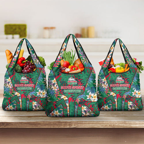 South Sydney Rabbitohs Grocery Bag Tropical Hibiscus Floral Pattern With Green And Red Accents