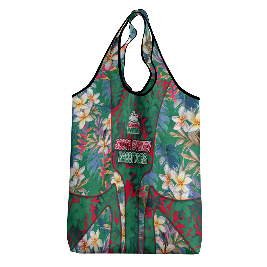 South Sydney Rabbitohs Grocery Bag Tropical Hibiscus Floral Pattern With Green And Red Accents