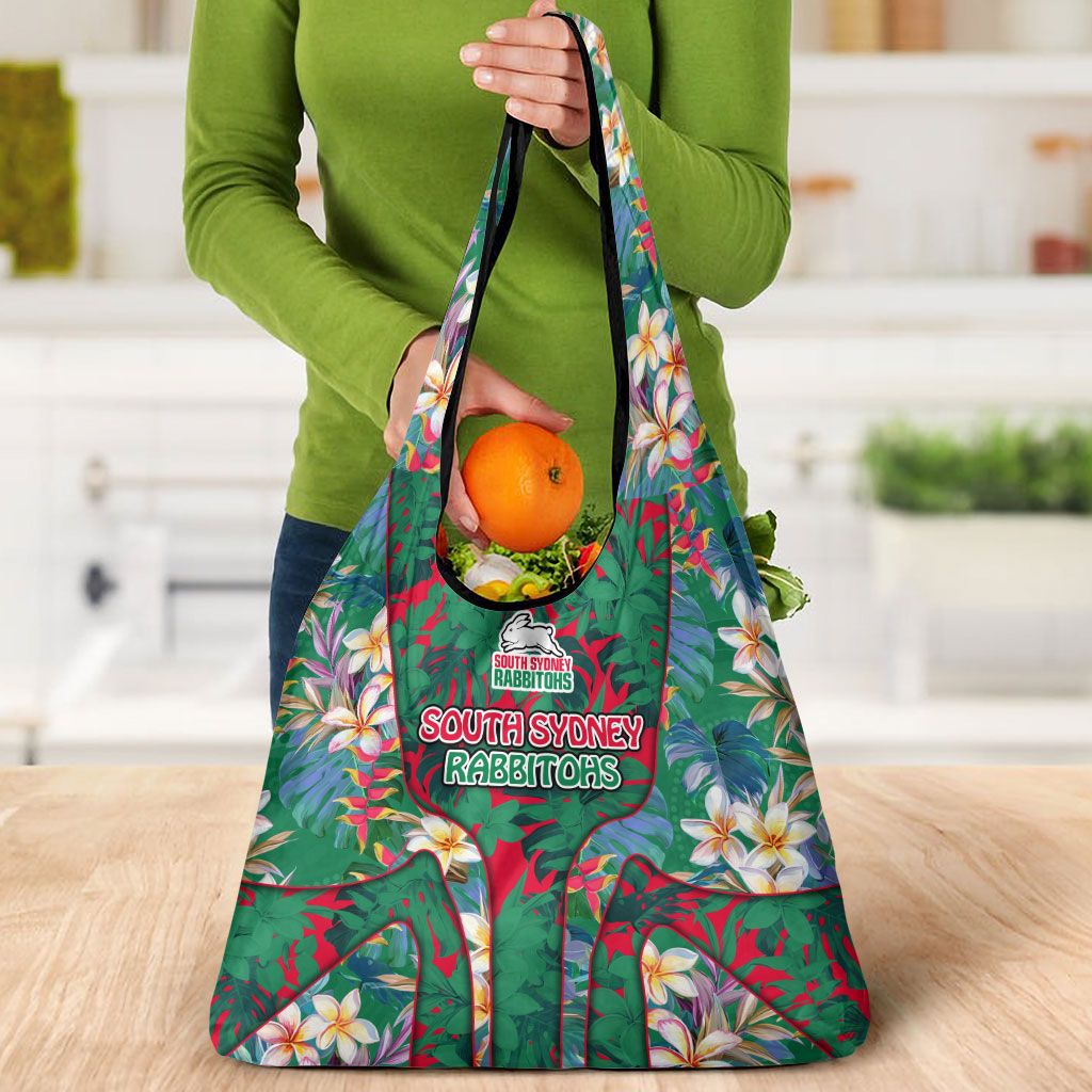 South Sydney Rabbitohs Grocery Bag Tropical Hibiscus Floral Pattern With Green And Red Accents