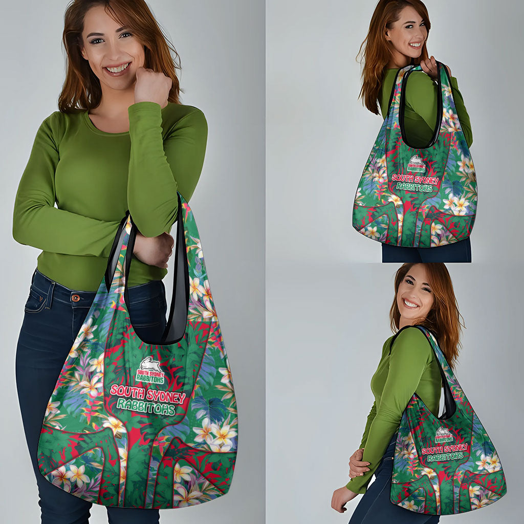 South Sydney Rabbitohs Grocery Bag Tropical Hibiscus Floral Pattern With Green And Red Accents