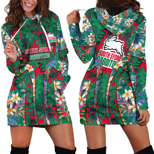 South Sydney Rabbitohs Hoodie Dress Tropical Hibiscus Floral Pattern With Green And Red Accents