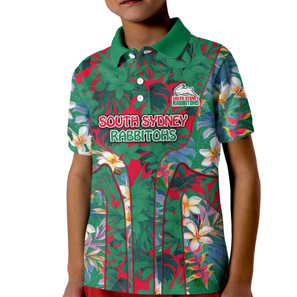 South Sydney Rabbitohs Kid Polo Shirt Tropical Hibiscus Floral Pattern With Green And Red Accents