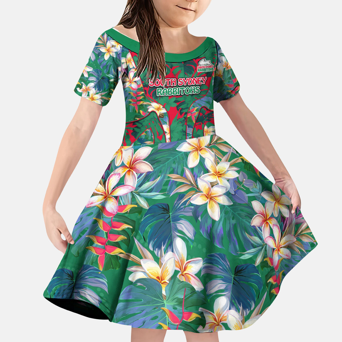 South Sydney Rabbitohs Kid Short Sleeve Dress Tropical Hibiscus Floral Pattern With Green And Red Accents