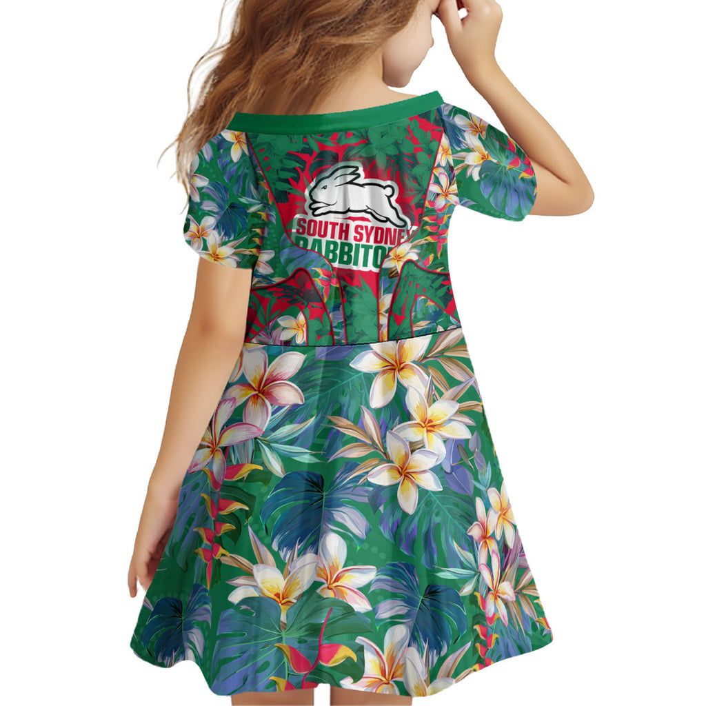 South Sydney Rabbitohs Kid Short Sleeve Dress Tropical Hibiscus Floral Pattern With Green And Red Accents