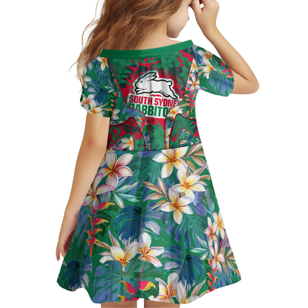South Sydney Rabbitohs Kid Short Sleeve Dress Tropical Hibiscus Floral Pattern With Green And Red Accents