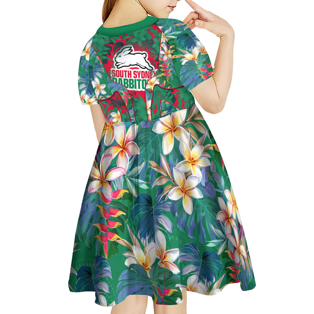 South Sydney Rabbitohs Kid Short Sleeve Dress Tropical Hibiscus Floral Pattern With Green And Red Accents