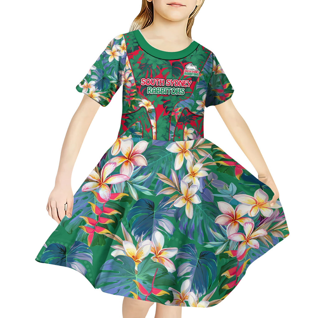 South Sydney Rabbitohs Kid Short Sleeve Dress Tropical Hibiscus Floral Pattern With Green And Red Accents