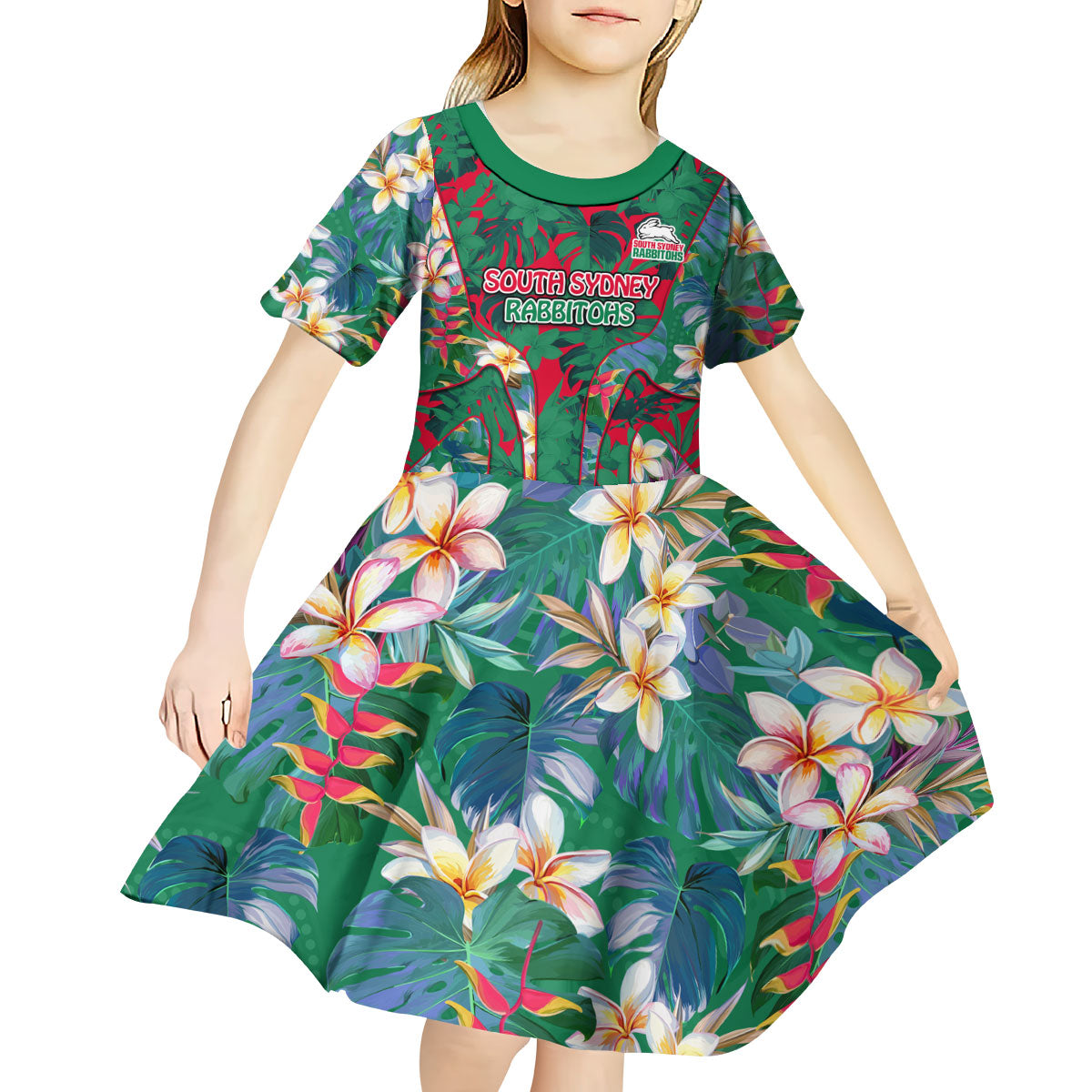 South Sydney Rabbitohs Kid Short Sleeve Dress Tropical Hibiscus Floral Pattern With Green And Red Accents