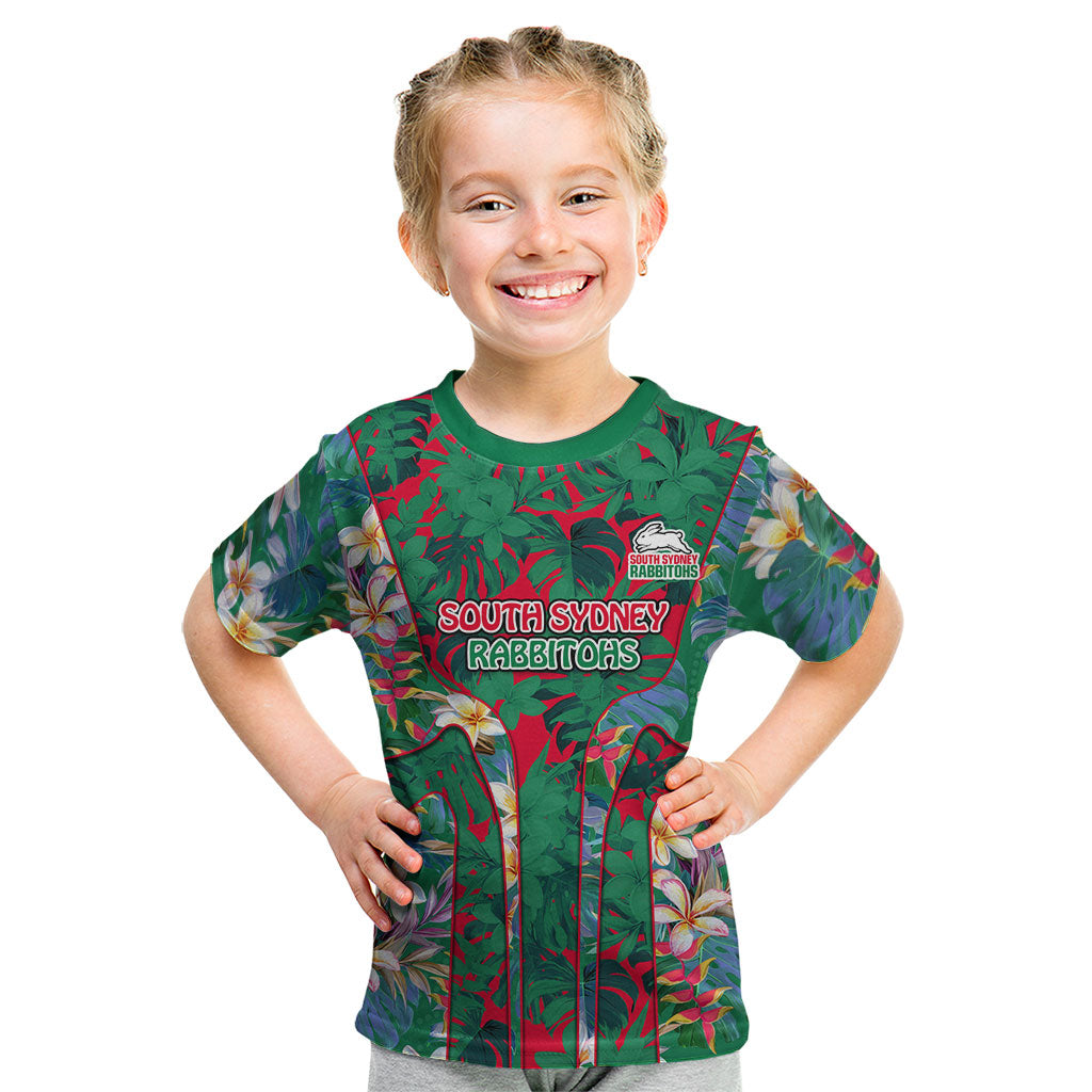 South Sydney Rabbitohs Kid T Shirt Tropical Hibiscus Floral Pattern With Green And Red Accents