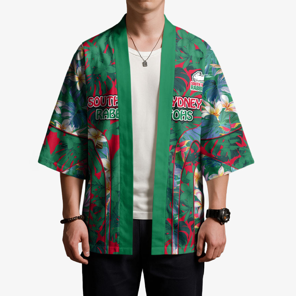 South Sydney Rabbitohs Kimono Tropical Hibiscus Floral Pattern With Green And Red Accents