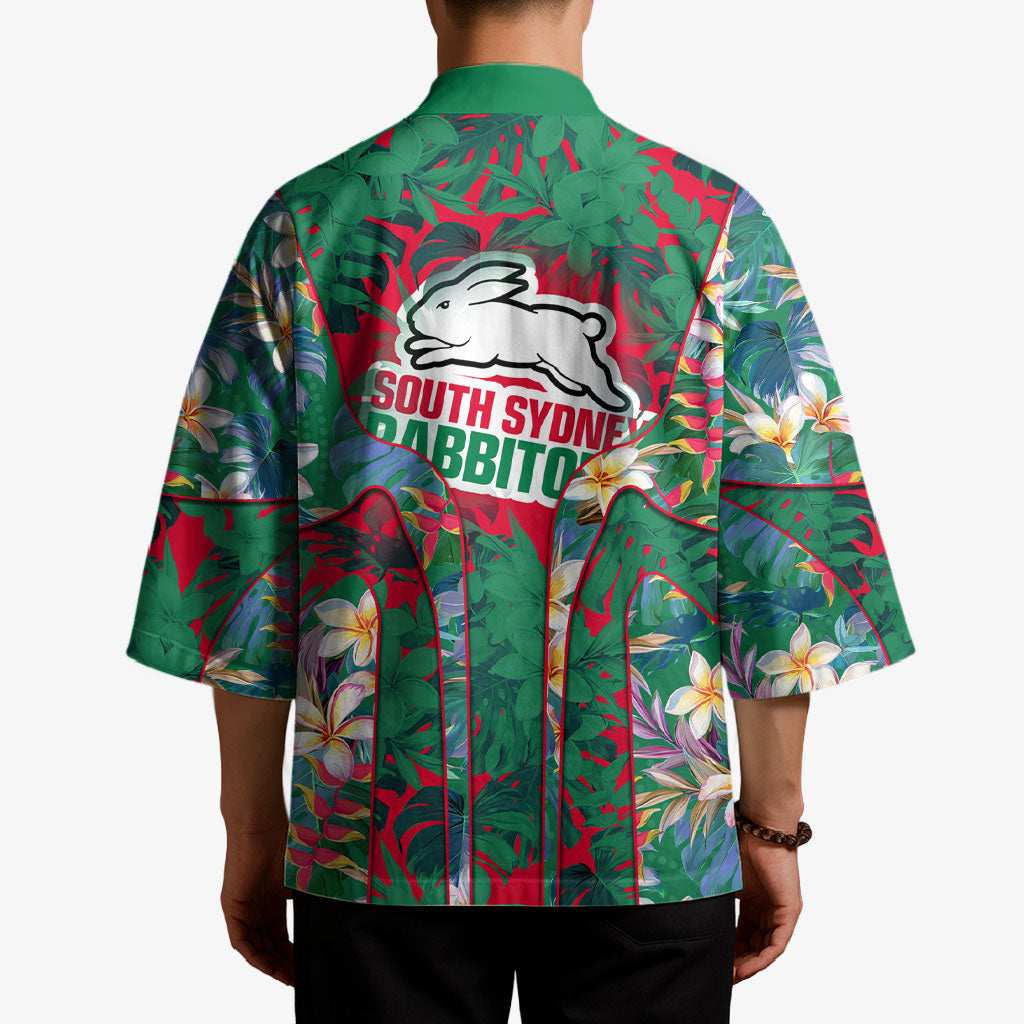 South Sydney Rabbitohs Kimono Tropical Hibiscus Floral Pattern With Green And Red Accents