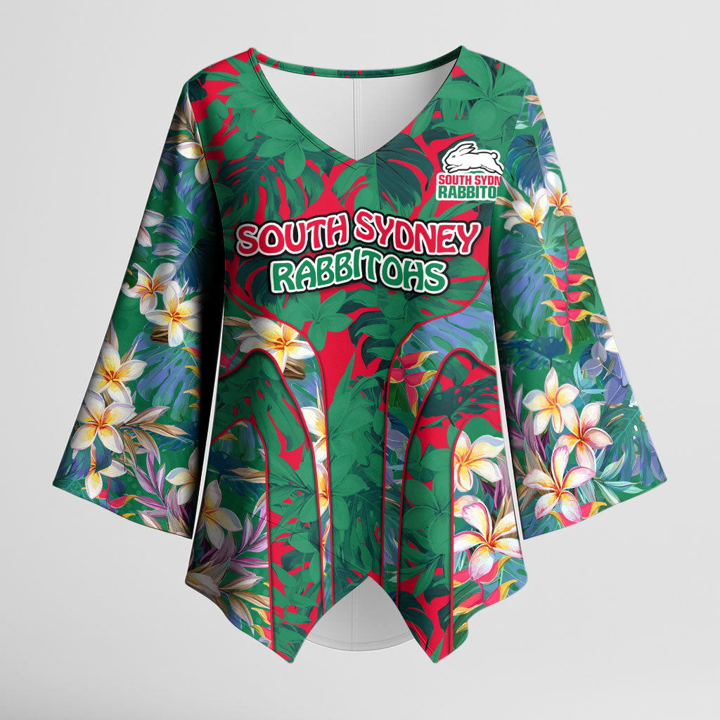 South Sydney Rabbitohs Kimono Sleeve Blouse Tropical Hibiscus Floral Pattern With Green And Red Accents