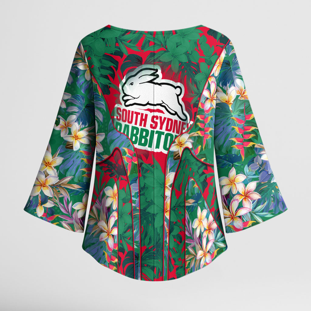 South Sydney Rabbitohs Kimono Sleeve Blouse Tropical Hibiscus Floral Pattern With Green And Red Accents