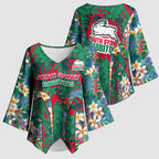 South Sydney Rabbitohs Kimono Sleeve Blouse Tropical Hibiscus Floral Pattern With Green And Red Accents