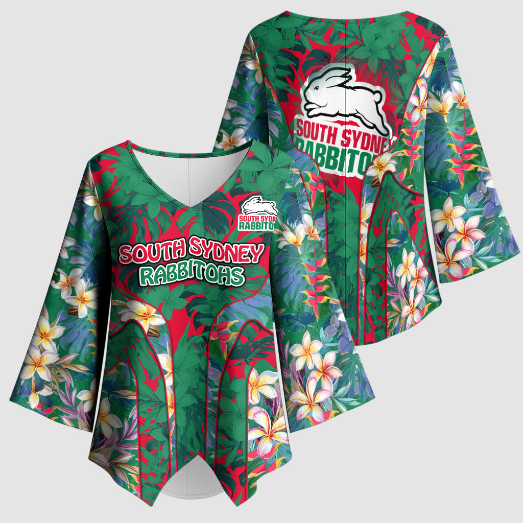 South Sydney Rabbitohs Kimono Sleeve Blouse Tropical Hibiscus Floral Pattern With Green And Red Accents