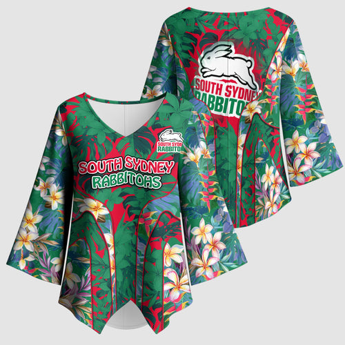 South Sydney Rabbitohs Kimono Sleeve Blouse Tropical Hibiscus Floral Pattern With Green And Red Accents