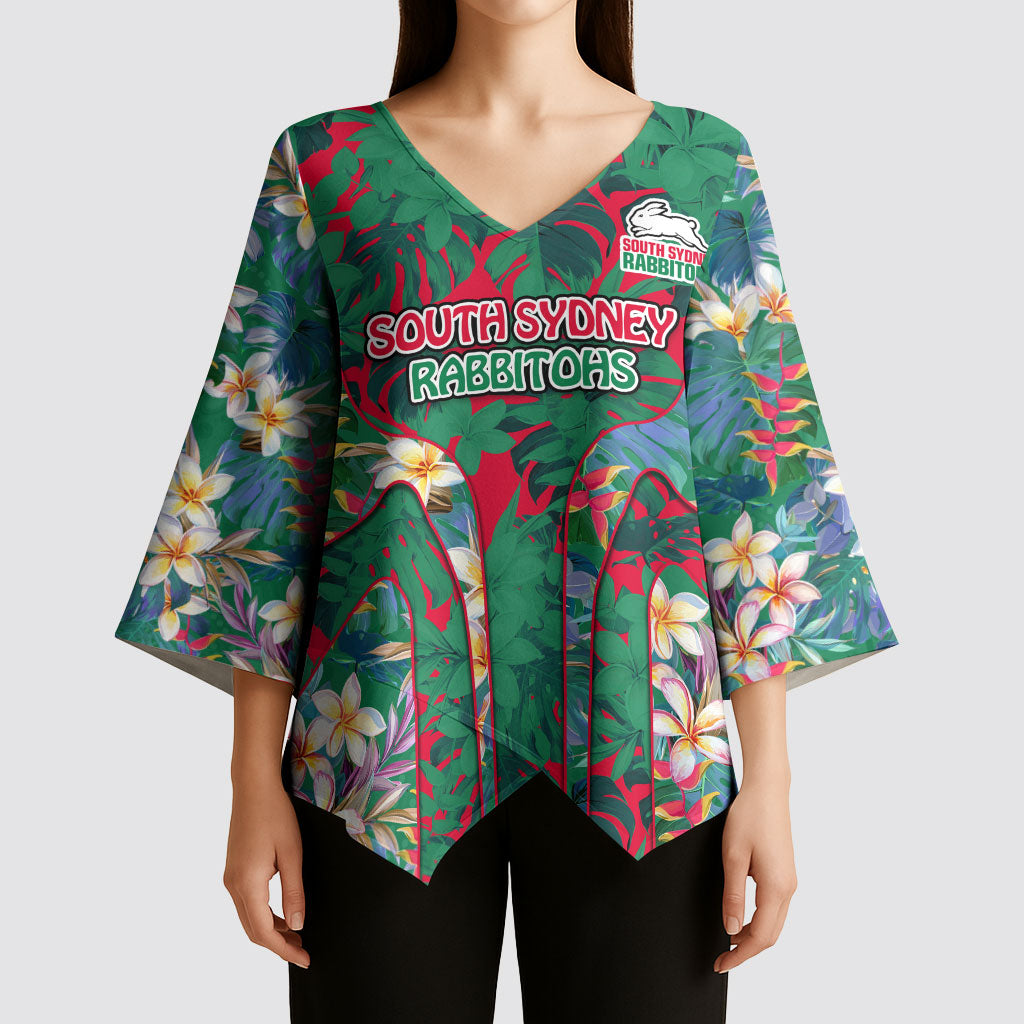 South Sydney Rabbitohs Kimono Sleeve Blouse Tropical Hibiscus Floral Pattern With Green And Red Accents