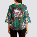 South Sydney Rabbitohs Kimono Sleeve Blouse Tropical Hibiscus Floral Pattern With Green And Red Accents
