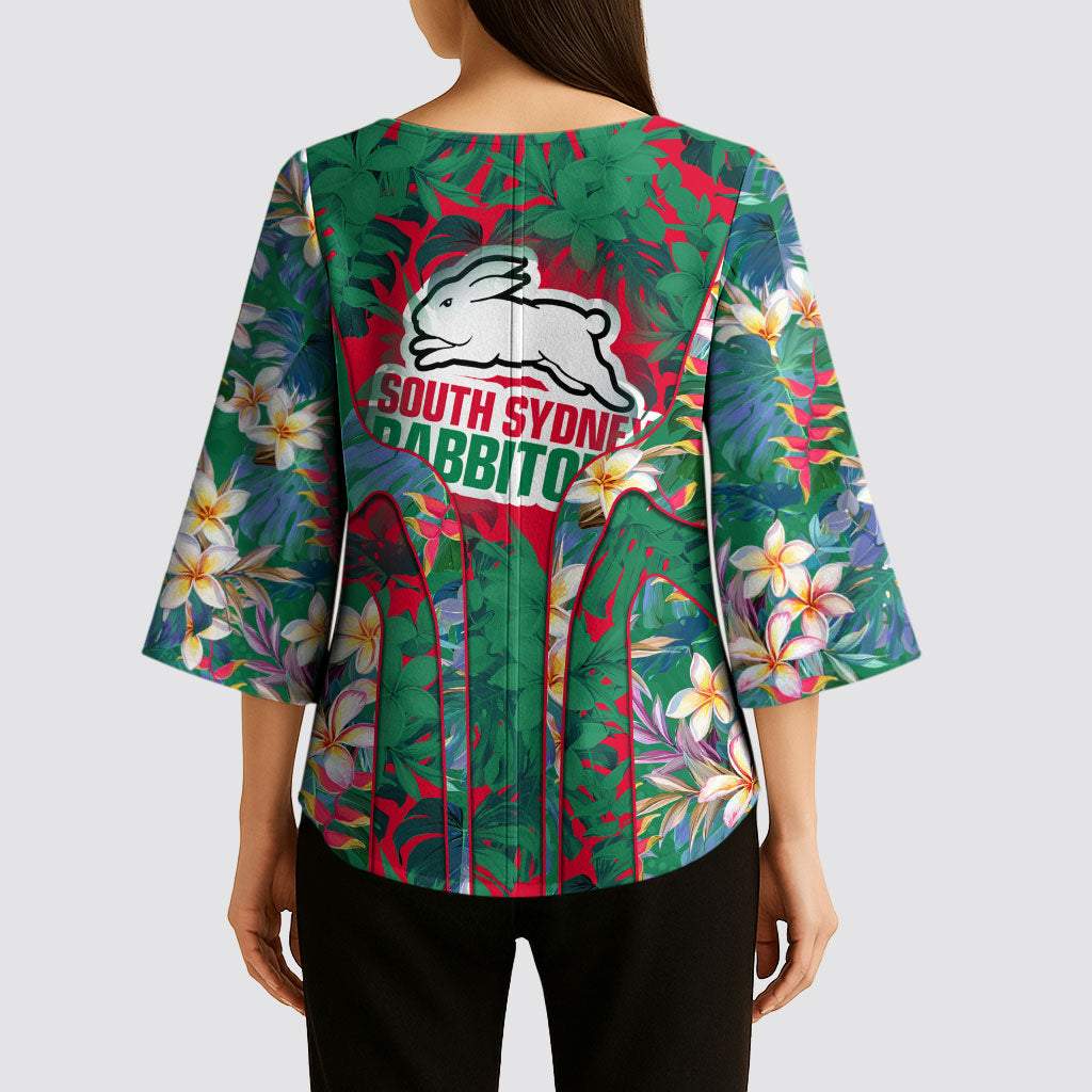 South Sydney Rabbitohs Kimono Sleeve Blouse Tropical Hibiscus Floral Pattern With Green And Red Accents