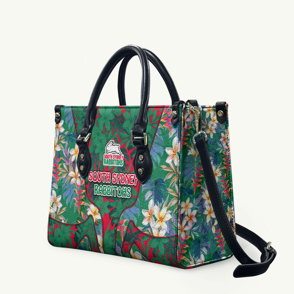 South Sydney Rabbitohs Leather Bag Tropical Hibiscus Floral Pattern With Green And Red Accents