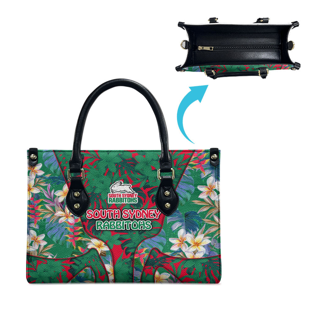 South Sydney Rabbitohs Leather Bag Tropical Hibiscus Floral Pattern With Green And Red Accents