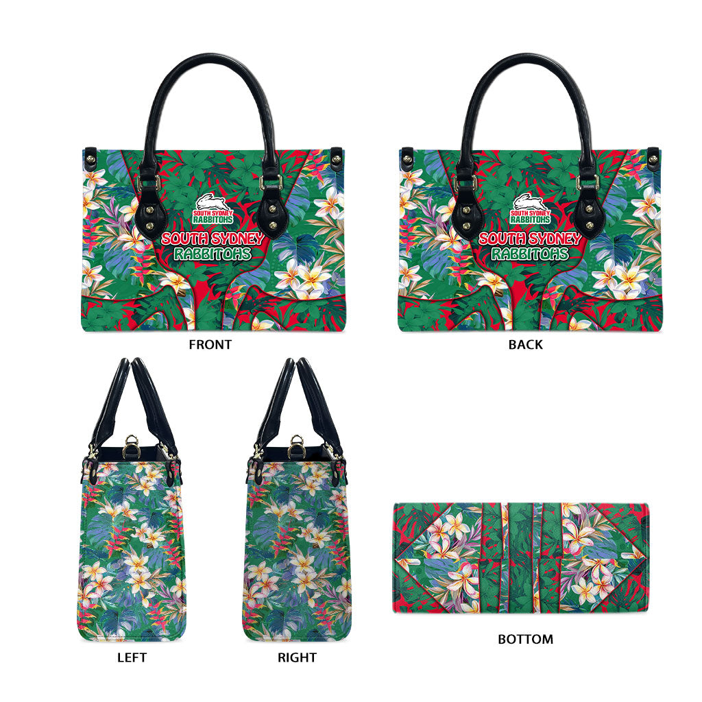 South Sydney Rabbitohs Leather Bag Tropical Hibiscus Floral Pattern With Green And Red Accents