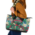 South Sydney Rabbitohs Leather Tote Bag Tropical Hibiscus Floral Pattern With Green And Red Accents