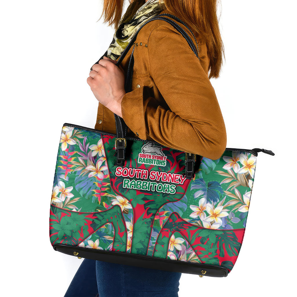 South Sydney Rabbitohs Leather Tote Bag Tropical Hibiscus Floral Pattern With Green And Red Accents