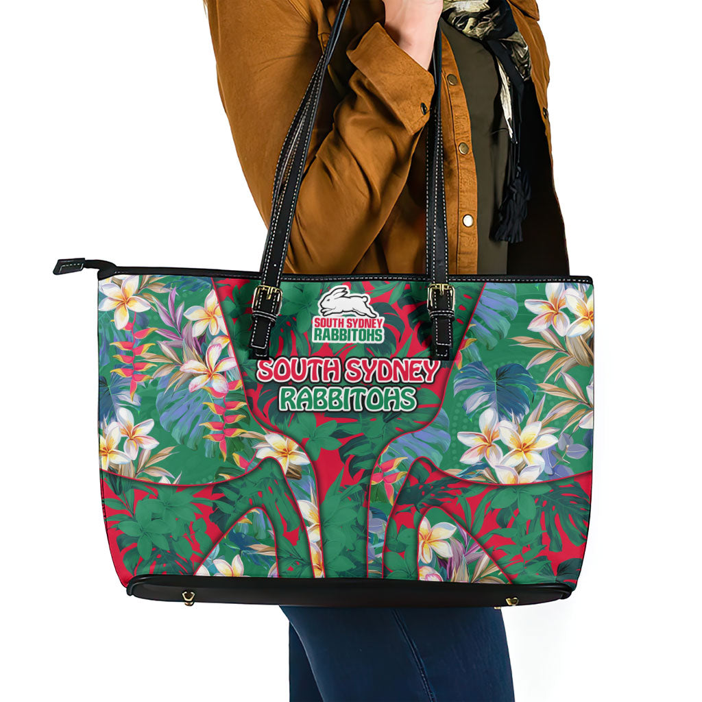 South Sydney Rabbitohs Leather Tote Bag Tropical Hibiscus Floral Pattern With Green And Red Accents