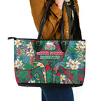 South Sydney Rabbitohs Leather Tote Bag Tropical Hibiscus Floral Pattern With Green And Red Accents