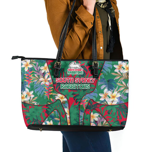 South Sydney Rabbitohs Leather Tote Bag Tropical Hibiscus Floral Pattern With Green And Red Accents