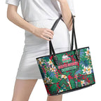South Sydney Rabbitohs Leather Tote Bag Tropical Hibiscus Floral Pattern With Green And Red Accents