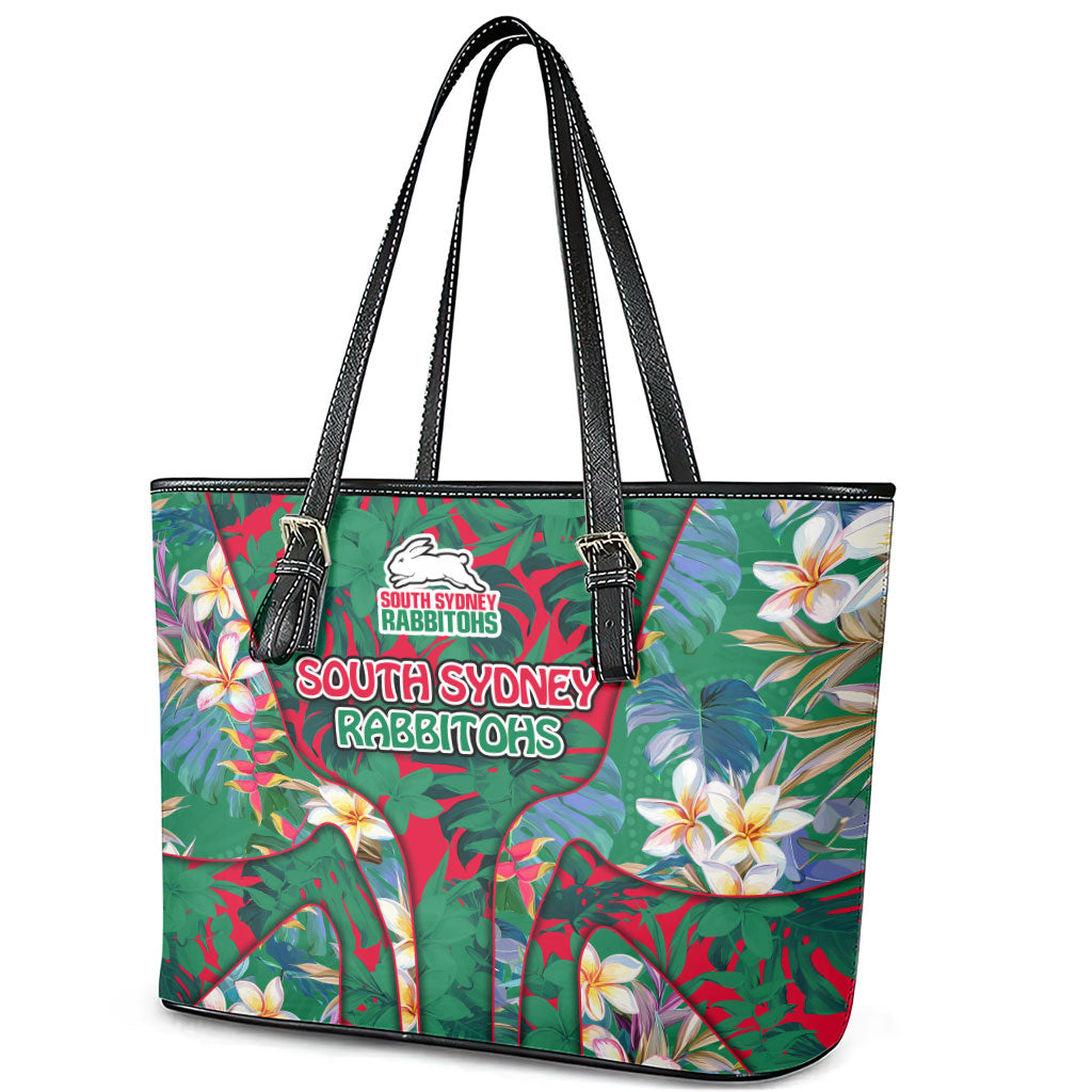 South Sydney Rabbitohs Leather Tote Bag Tropical Hibiscus Floral Pattern With Green And Red Accents