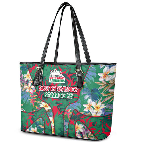 South Sydney Rabbitohs Leather Tote Bag Tropical Hibiscus Floral Pattern With Green And Red Accents