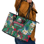 South Sydney Rabbitohs Leather Tote Bag Tropical Hibiscus Floral Pattern With Green And Red Accents