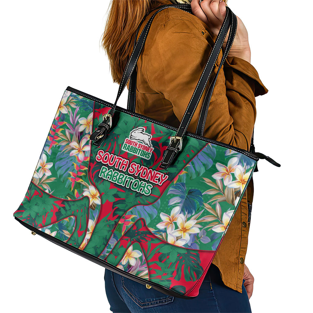 South Sydney Rabbitohs Leather Tote Bag Tropical Hibiscus Floral Pattern With Green And Red Accents