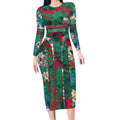 South Sydney Rabbitohs Long Sleeve Bodycon Dress Tropical Hibiscus Floral Pattern With Green And Red Accents