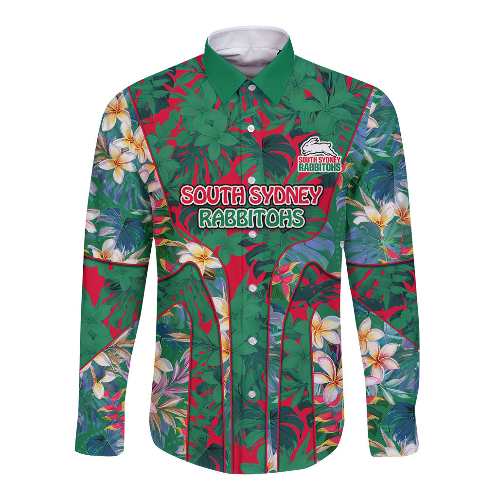 South Sydney Rabbitohs Long Sleeve Button Shirt Tropical Hibiscus Floral Pattern With Green And Red Accents