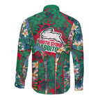 South Sydney Rabbitohs Long Sleeve Button Shirt Tropical Hibiscus Floral Pattern With Green And Red Accents